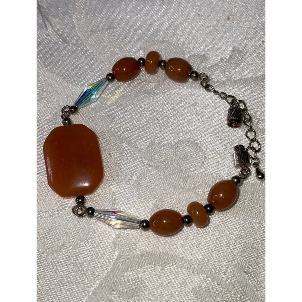 Carnelian Burnt Orange Gemstone Crystal & Silver Bracelet 7”
